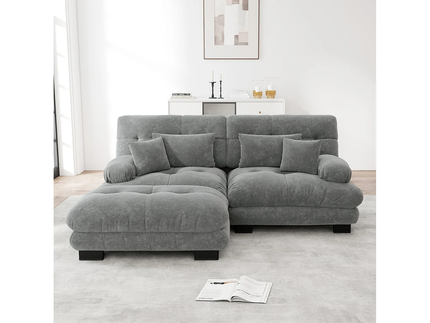Canapé d'angle modulable en chenille gris avec ottoman et coussins