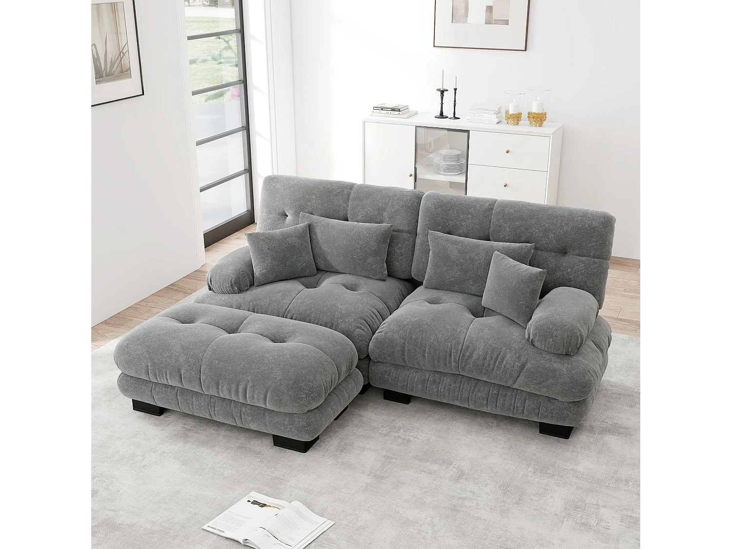Canapé d'angle modulable en chenille gris avec ottoman et coussins