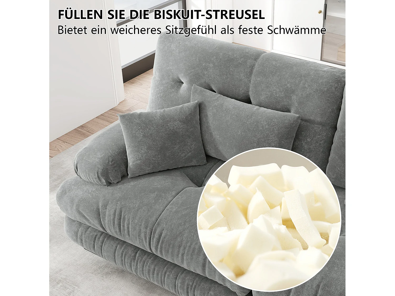 Canapé d'angle modulable en chenille gris avec ottoman et coussins