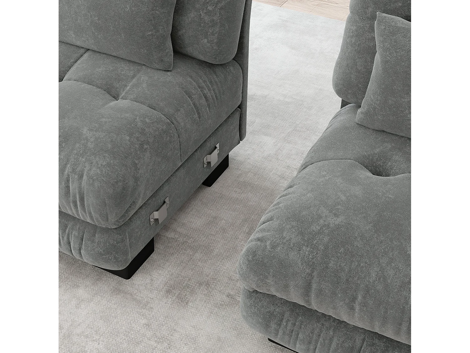 Canapé d'angle modulable en chenille gris avec ottoman et coussins