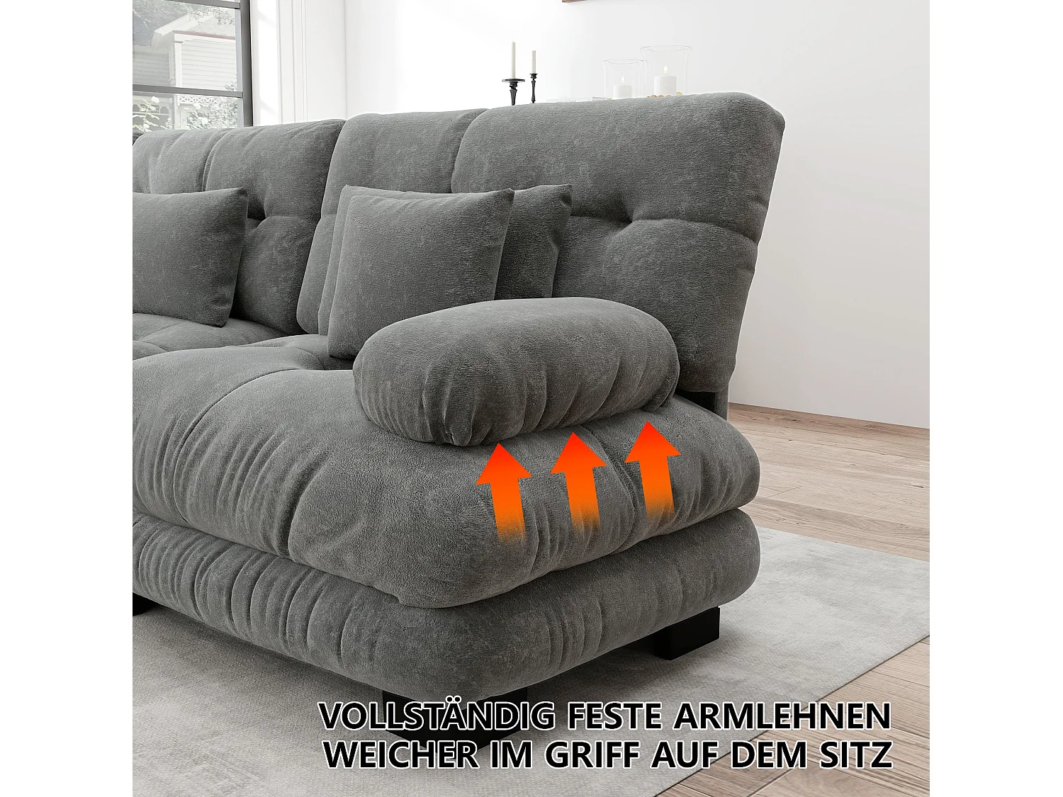 Canapé d'angle modulable en chenille gris avec ottoman et coussins