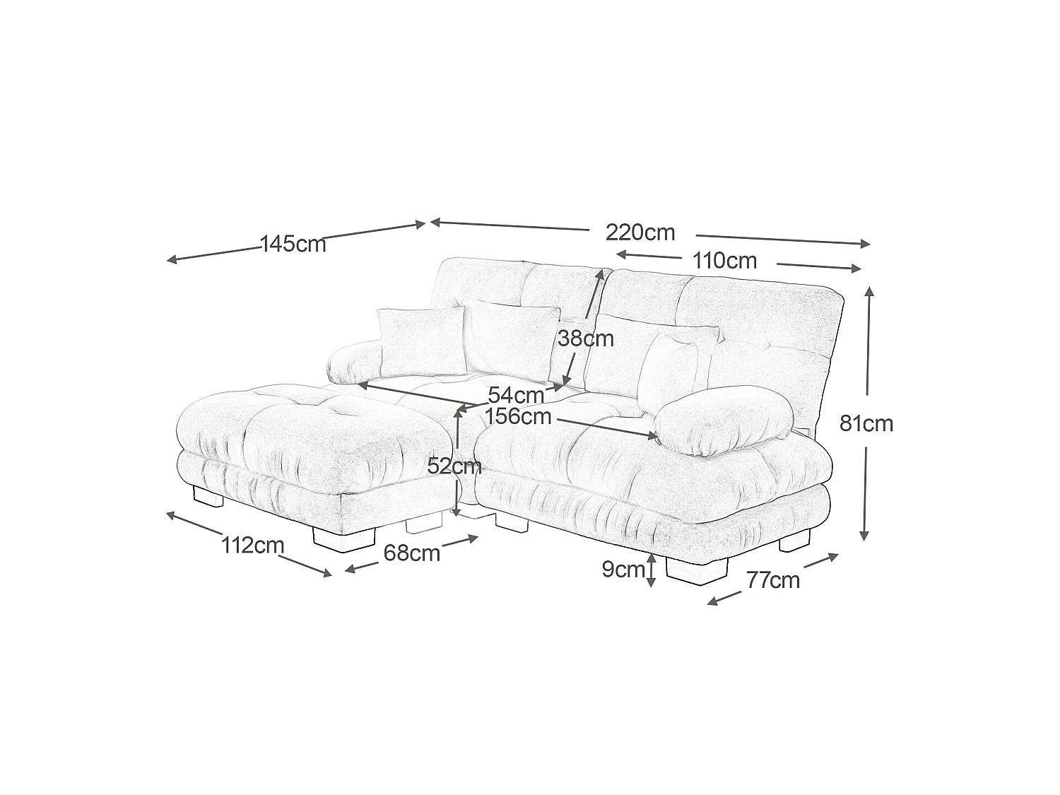 Canapé d'angle modulable en chenille gris avec ottoman et coussins