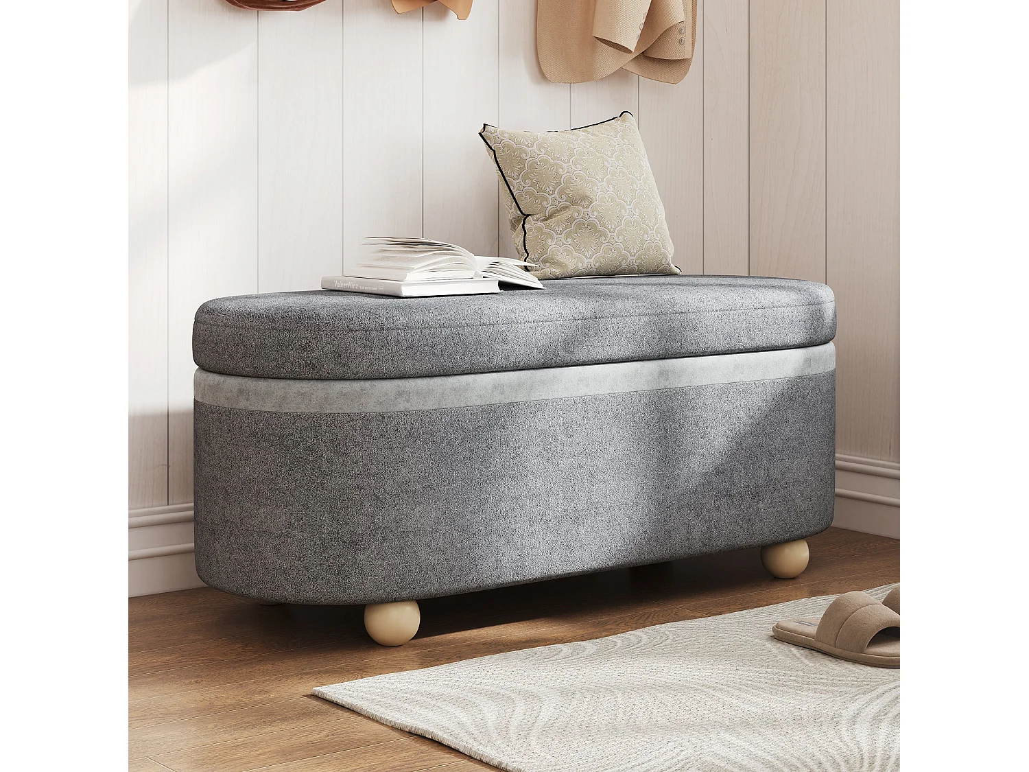 Banquette coffre en polaire gris avec pieds en bois 20L 110x41x47 cm