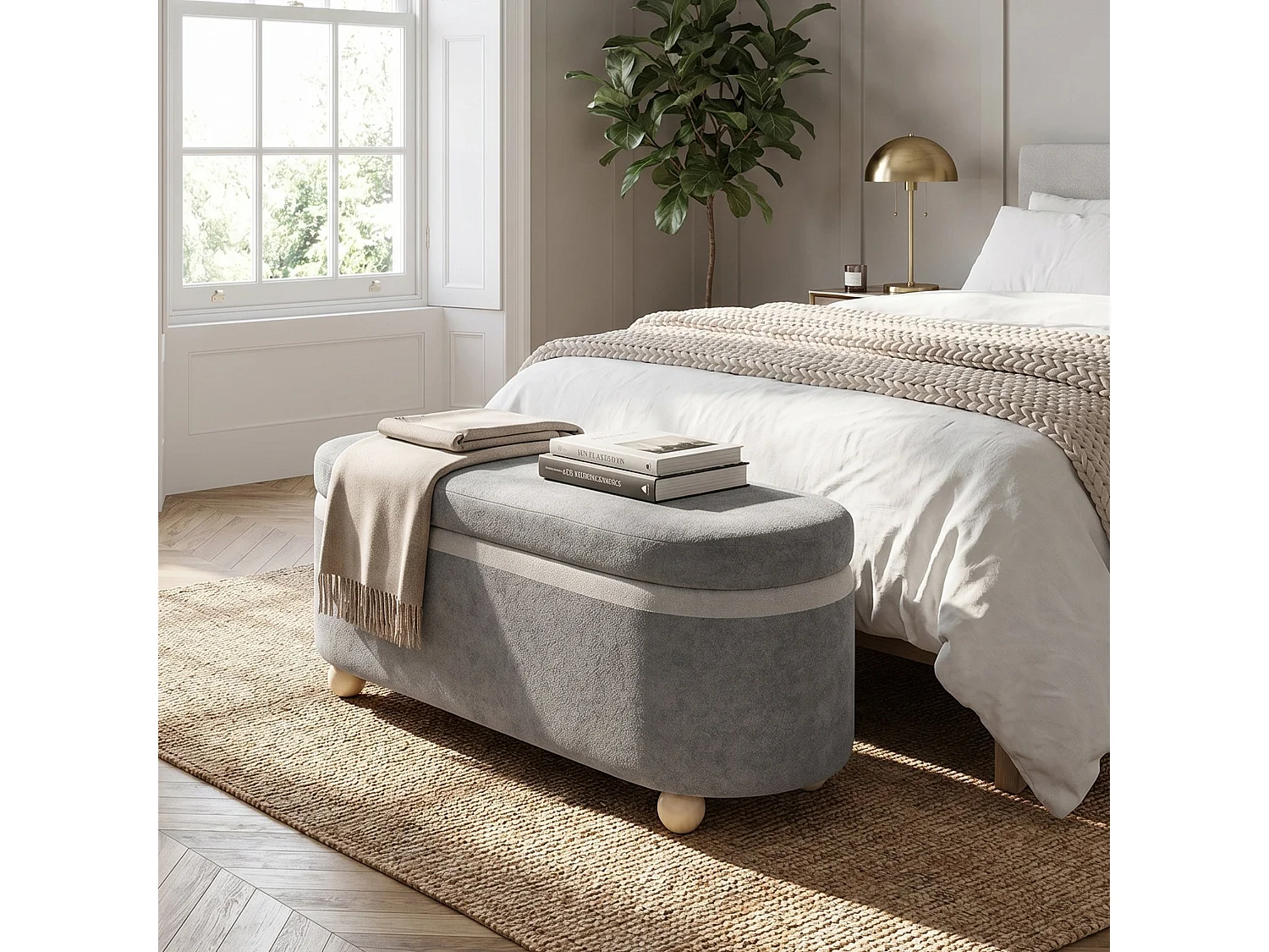 Banquette coffre en polaire gris avec pieds en bois 20L 110x41x47 cm