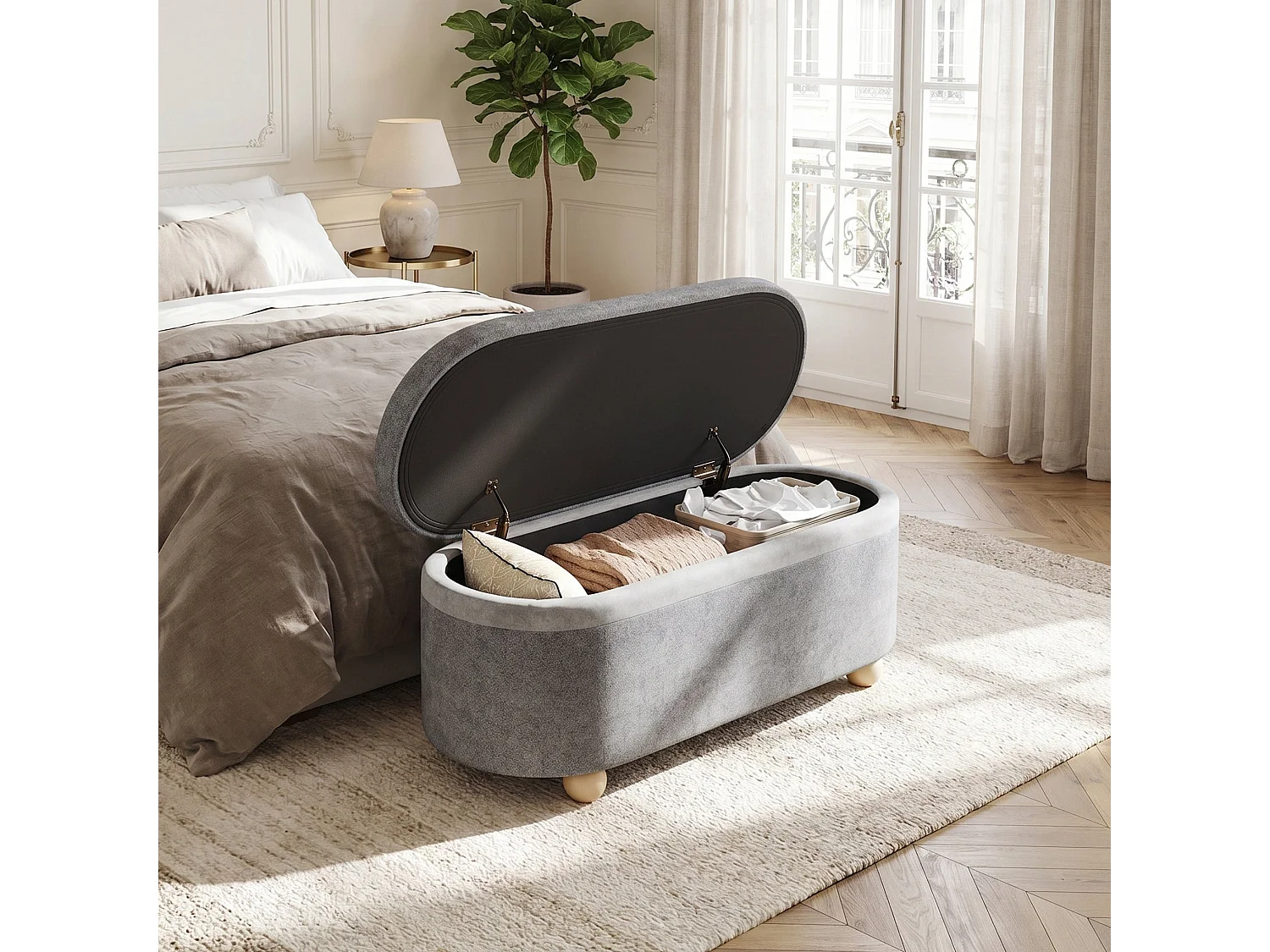 Banquette coffre en polaire gris avec pieds en bois 20L 110x41x47 cm