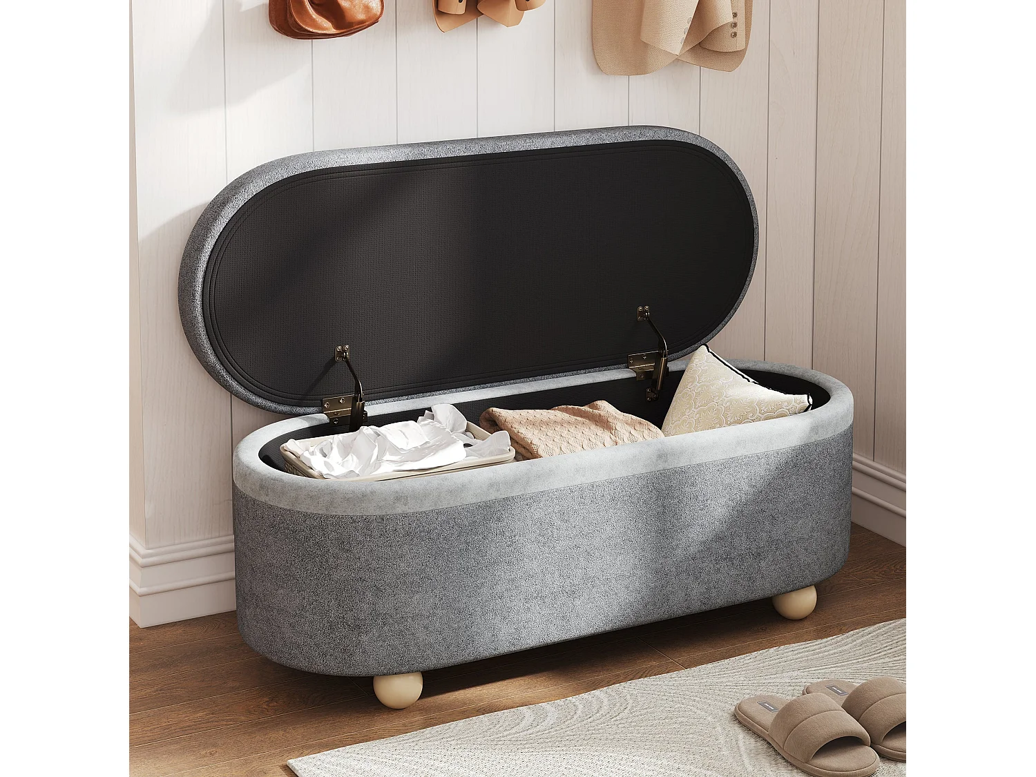 Banquette coffre en polaire gris avec pieds en bois 20L 110x41x47 cm