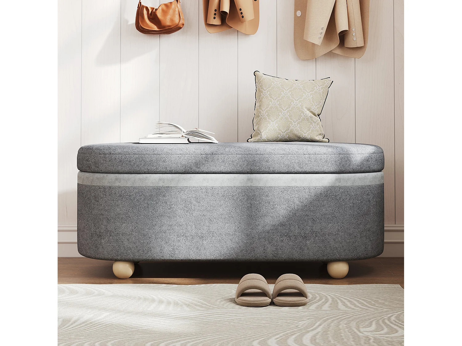 Banquette coffre en polaire gris avec pieds en bois 20L 110x41x47 cm