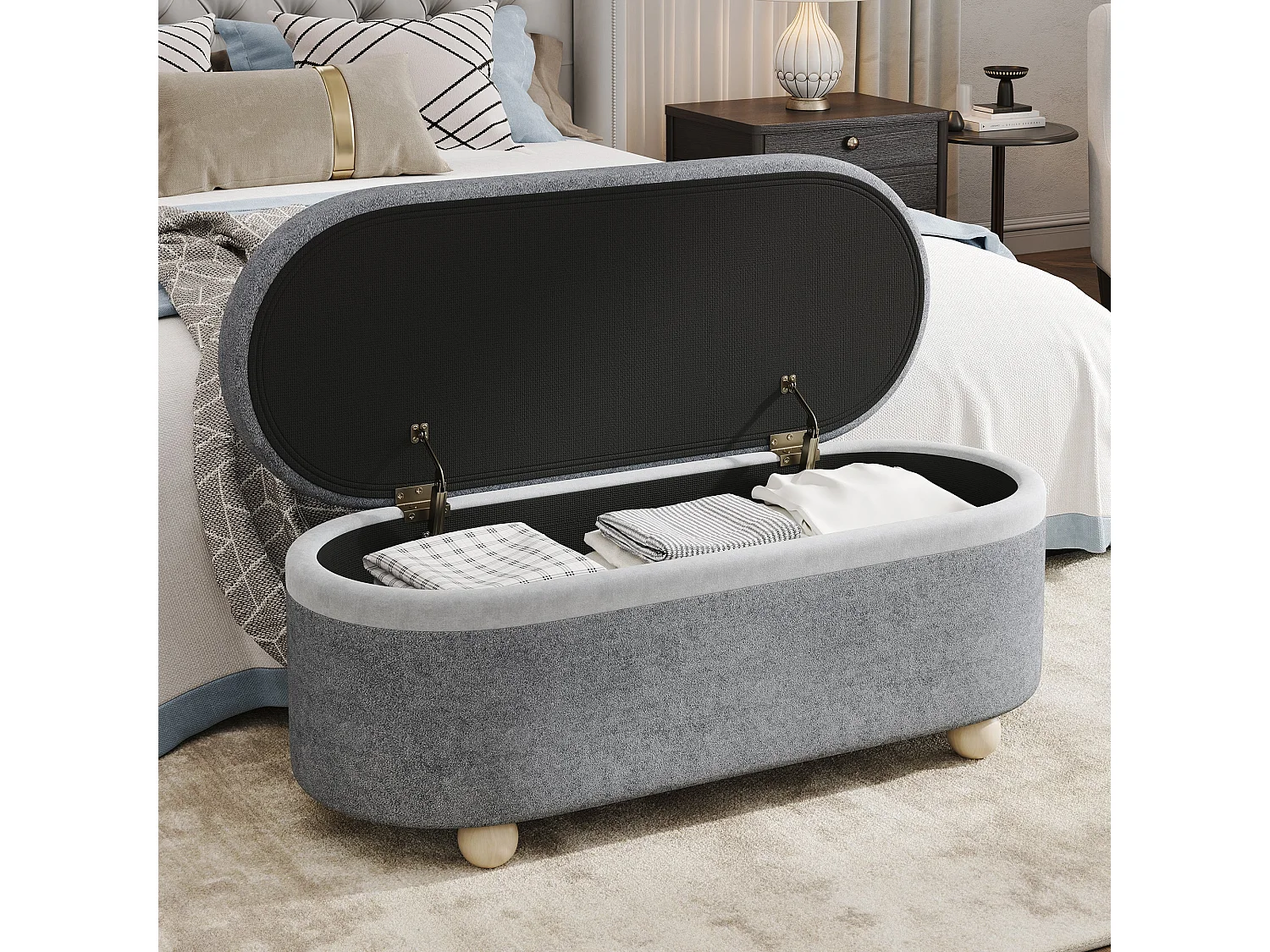 Banquette coffre en polaire gris avec pieds en bois 20L 110x41x47 cm
