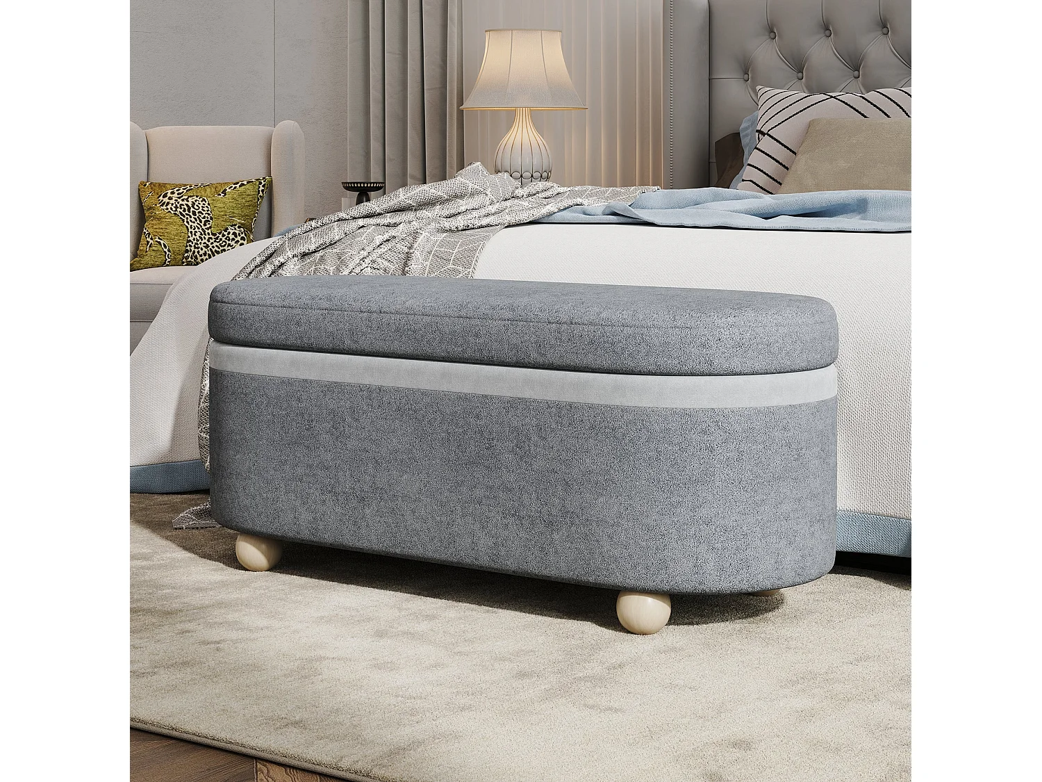 Banquette coffre en polaire gris avec pieds en bois 20L 110x41x47 cm
