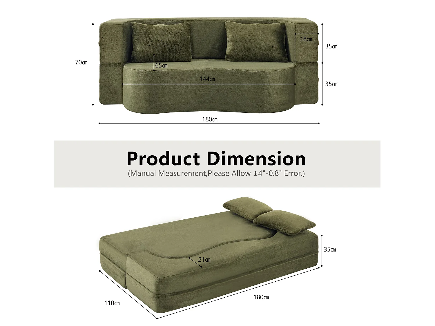 Towery Canapé-lit futon 2-en-1 grande taille 180x55cm, mousse haute densité, vert, sans montage, design moderne