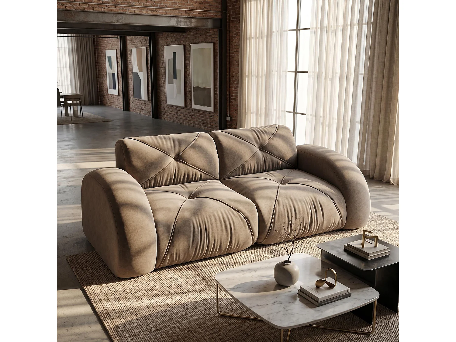 Canapé 2 places en tissu chenille taupe