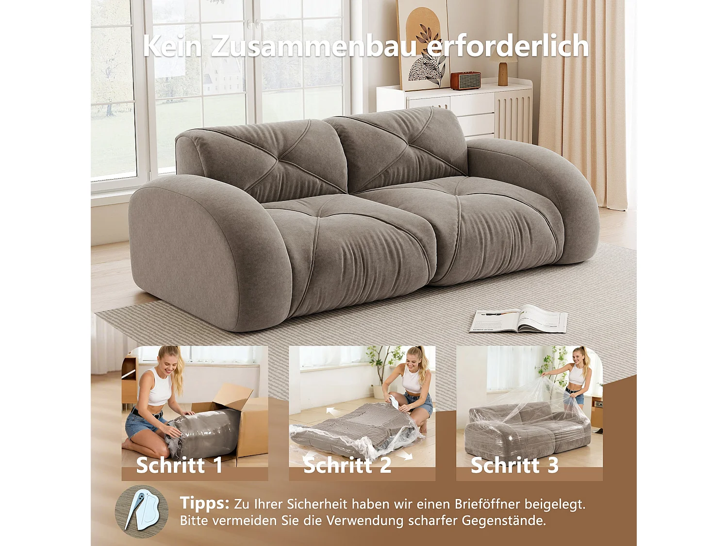 Canapé 2 places en tissu chenille taupe