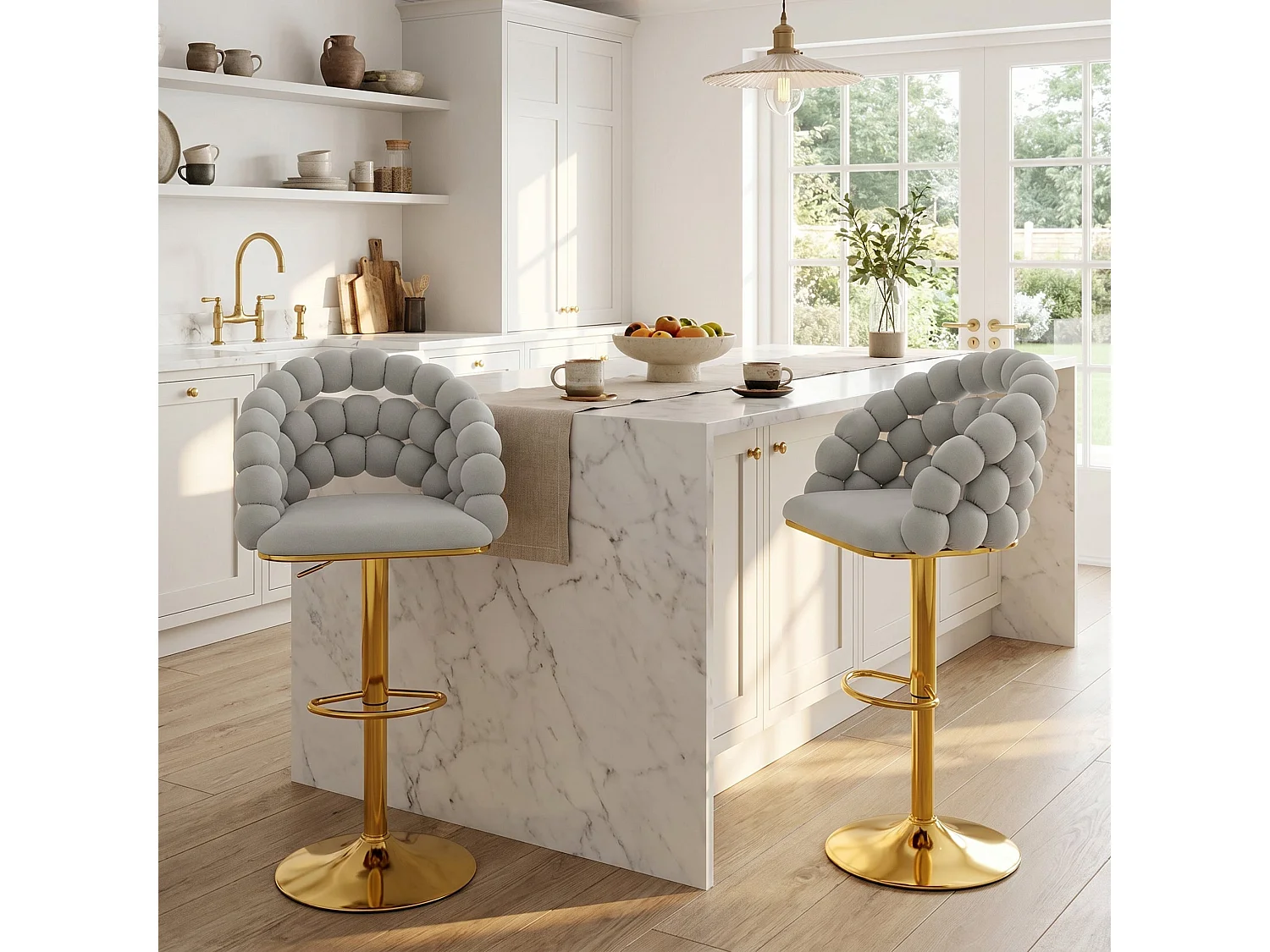 Lot de 2 tabourets de bar en velours gris clair dossier tréssé chaîne