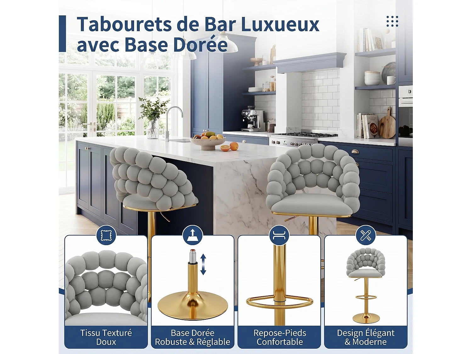 Lot de 2 tabourets de bar en velours gris clair dossier tréssé chaîne