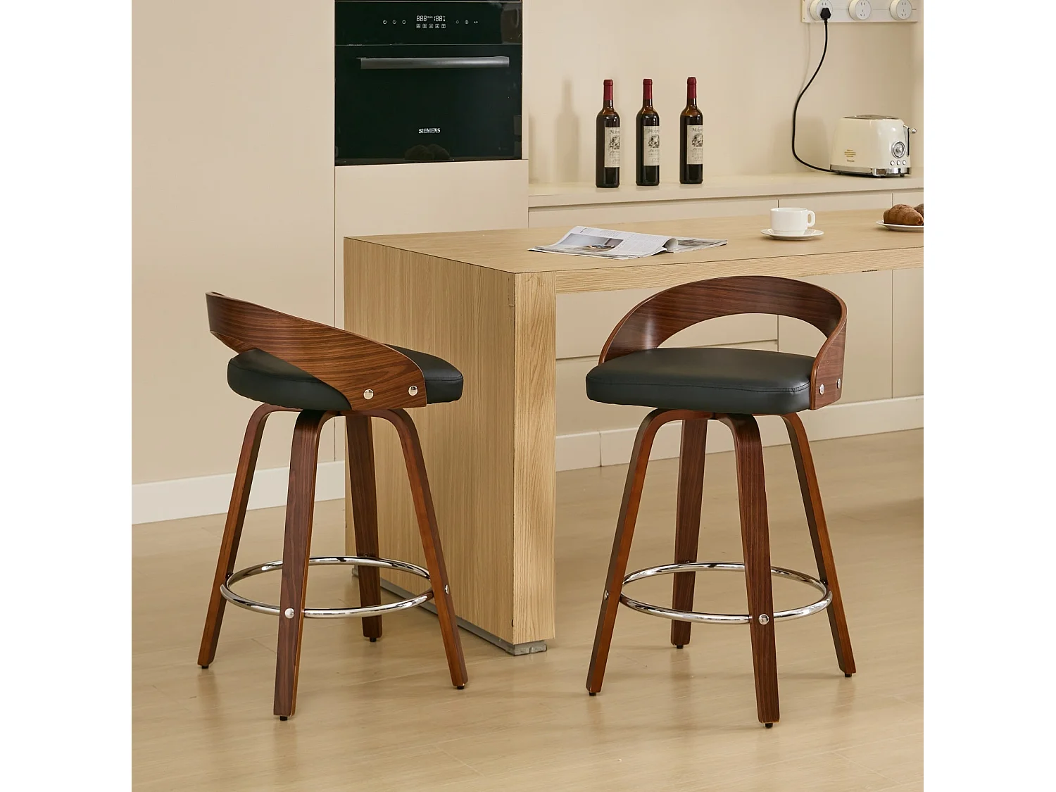 Lot de 2 tabourets de bar style vintage PU noir, dossier arrondi, pivotant et repose pied, 63 cm