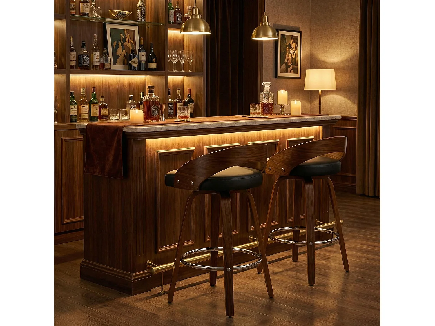 Lot de 2 tabourets de bar style vintage PU noir, dossier arrondi, pivotant et repose pied, 63 cm