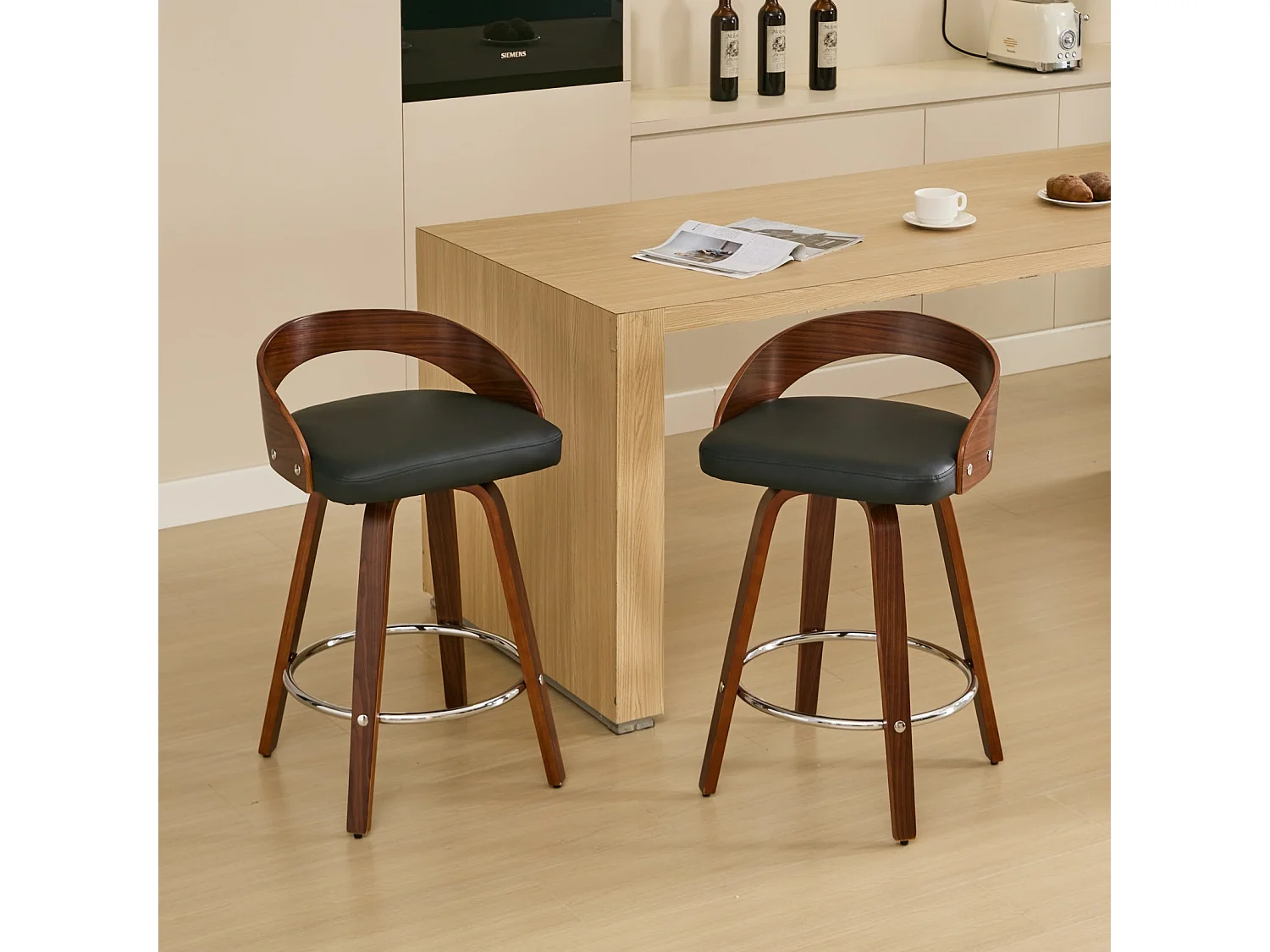 Lot de 2 tabourets de bar style vintage PU noir, dossier arrondi, pivotant et repose pied, 63 cm