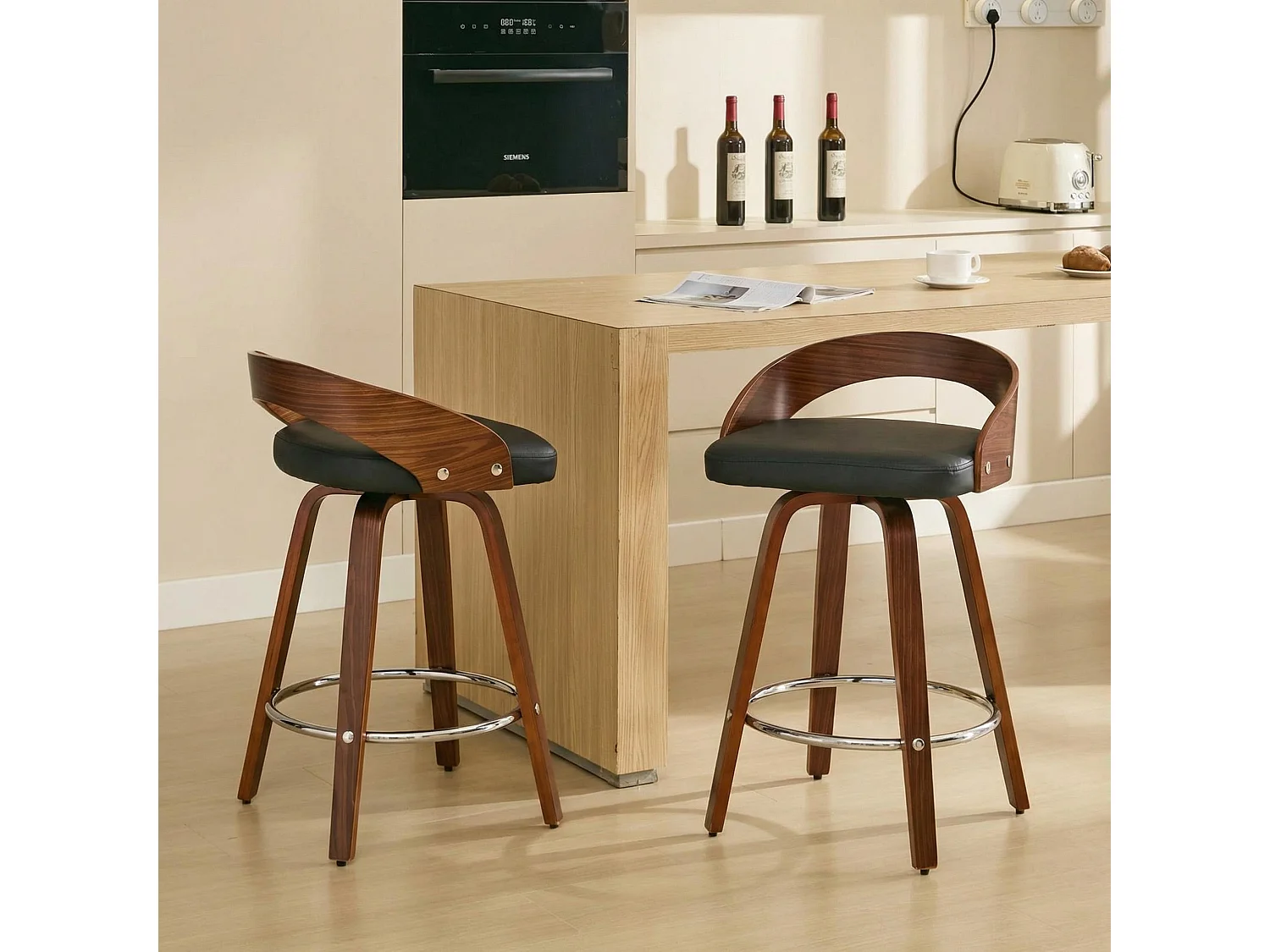 Lot de 2 tabourets de bar style vintage PU noir, dossier arrondi, pivotant et repose pied, 63 cm
