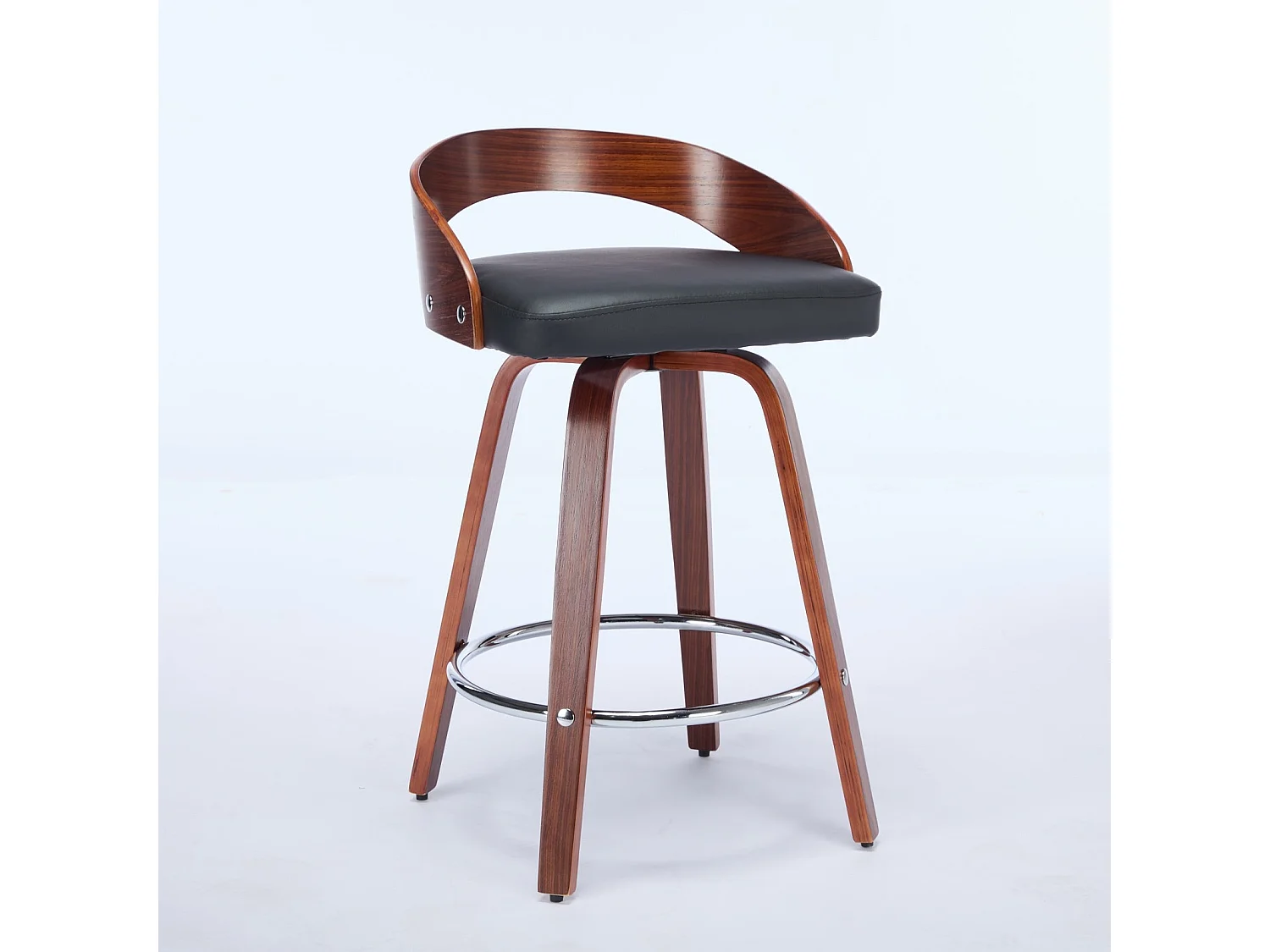 Lot de 2 tabourets de bar style vintage PU noir, dossier arrondi, pivotant et repose pied, 63 cm