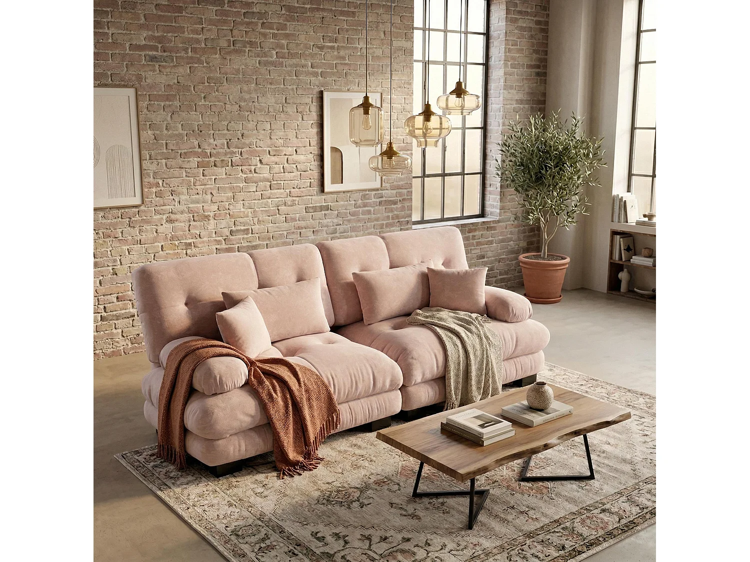 Canapé 2 places en chenille rose avec coussins