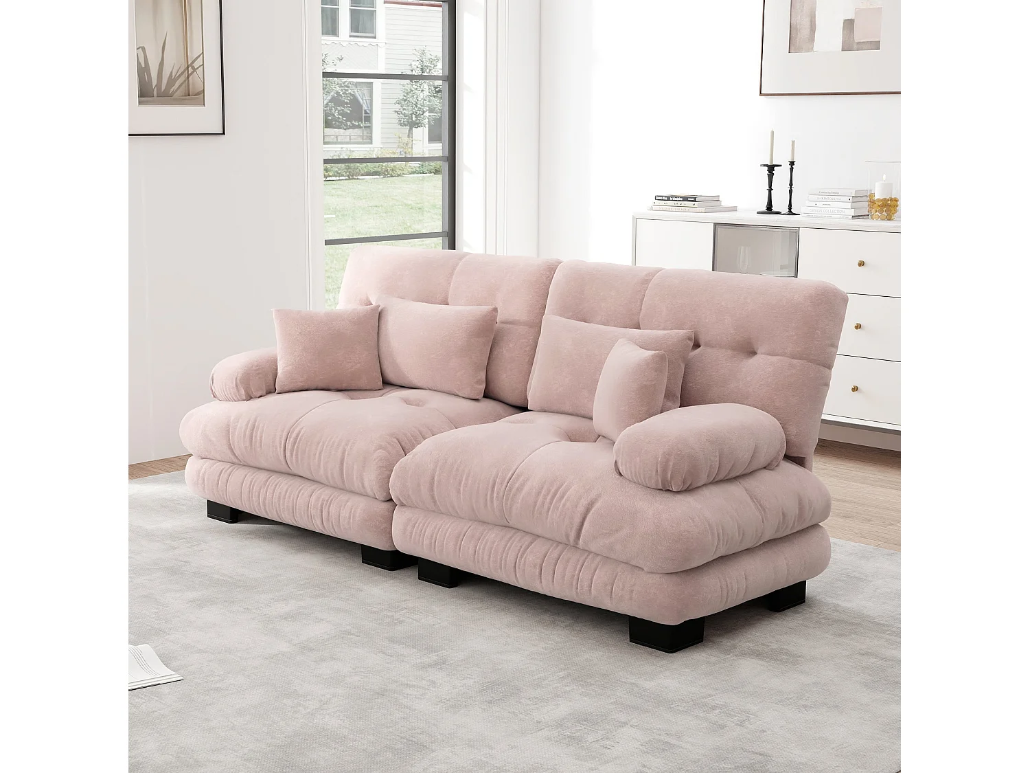 Canapé 2 places en chenille rose avec coussins