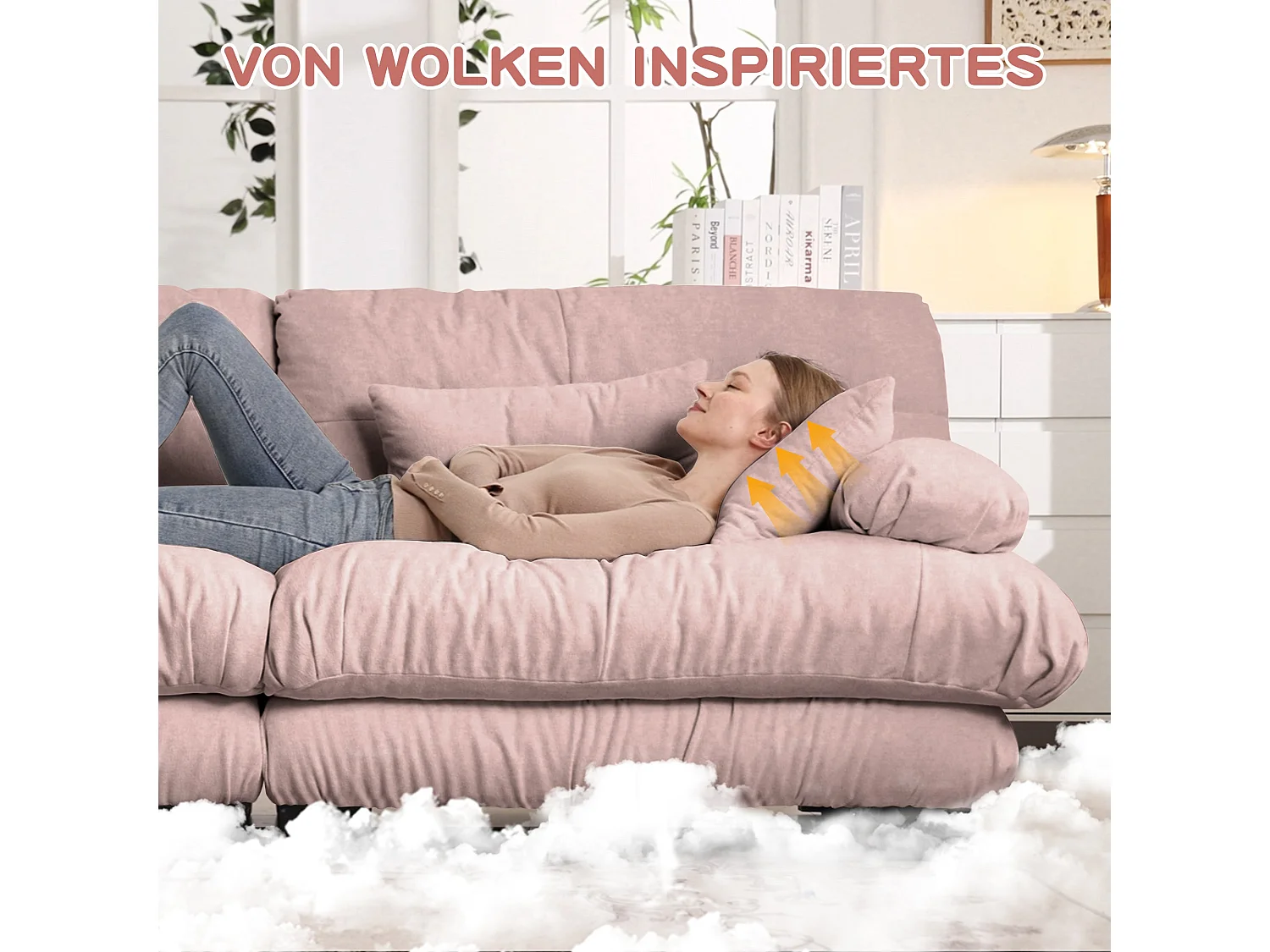 Canapé 2 places en chenille rose avec coussins