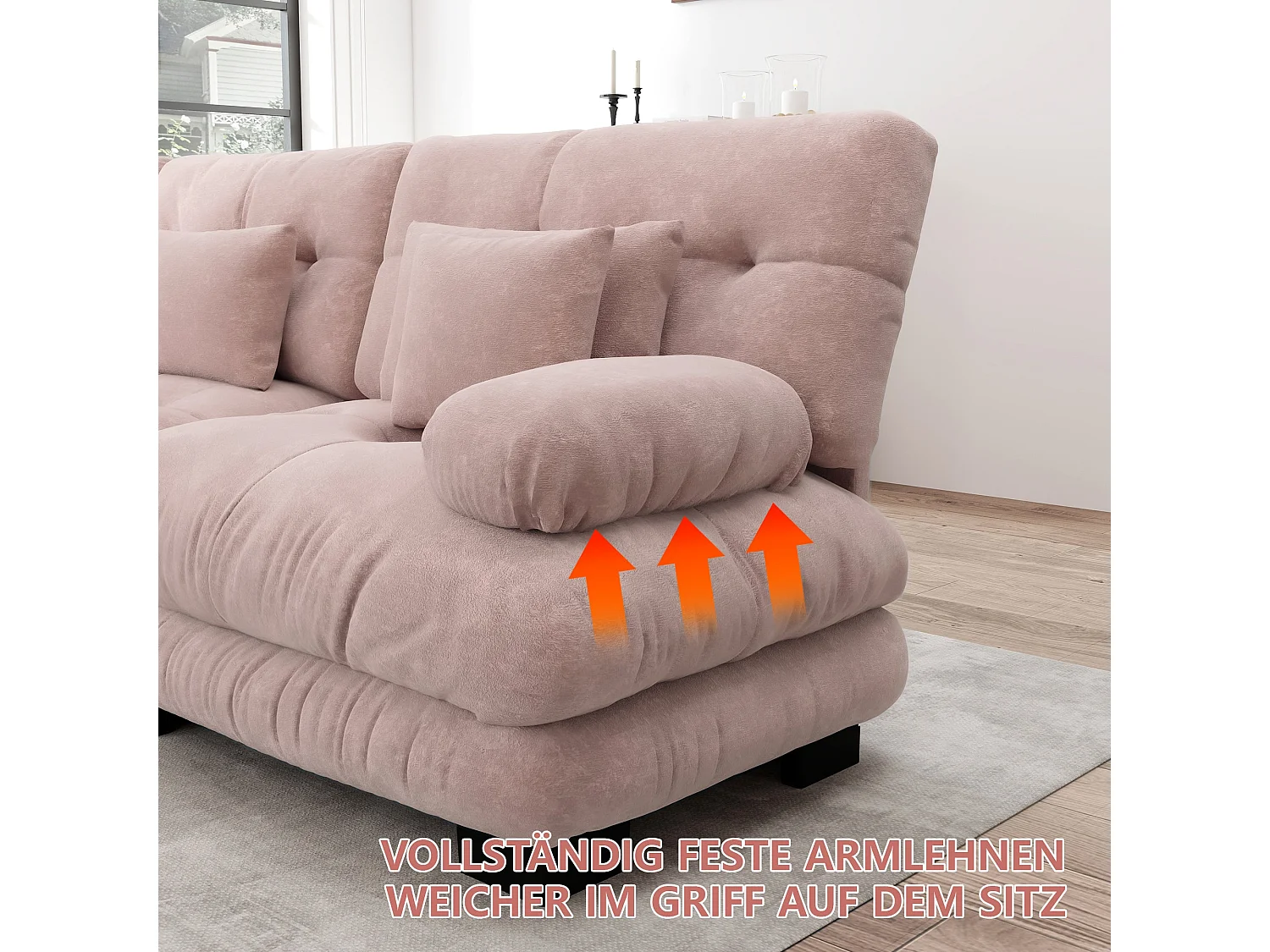 Canapé 2 places en chenille rose avec coussins