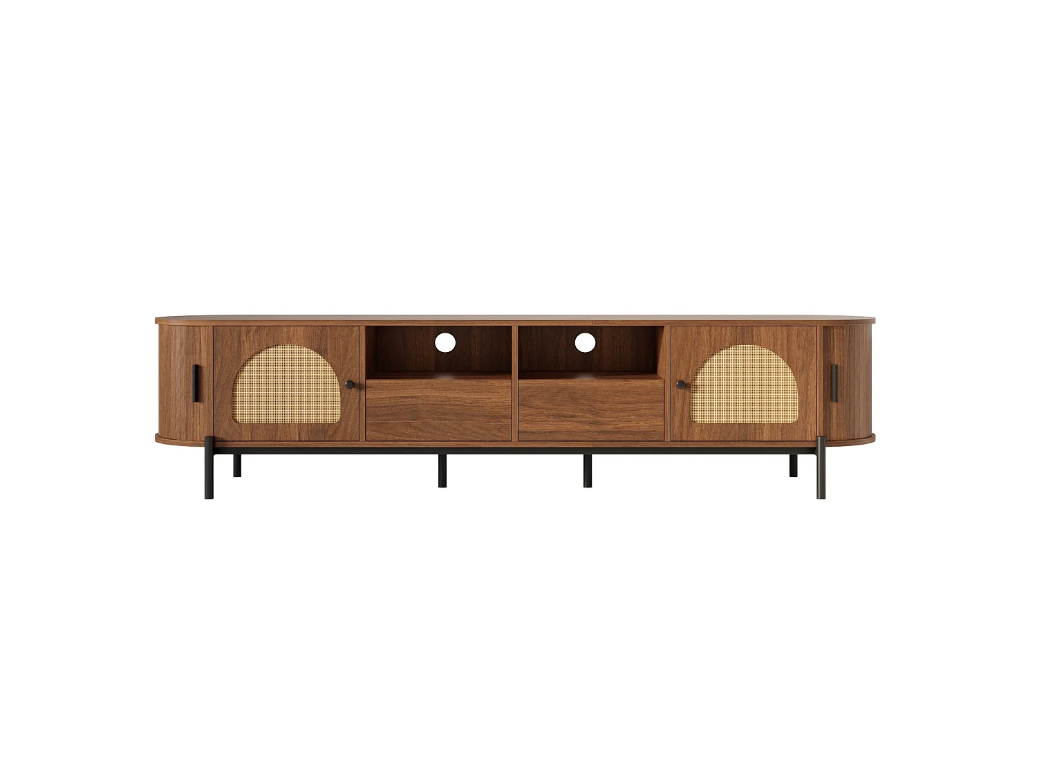 Meuble TV ovale en MDF noyer et rotin, portes coulissantes