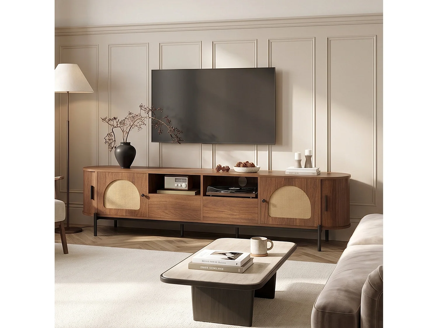Meuble TV ovale en MDF noyer et rotin, portes coulissantes