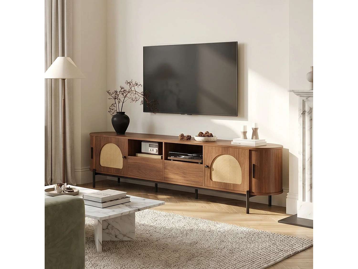 Meuble TV ovale en MDF noyer et rotin, portes coulissantes