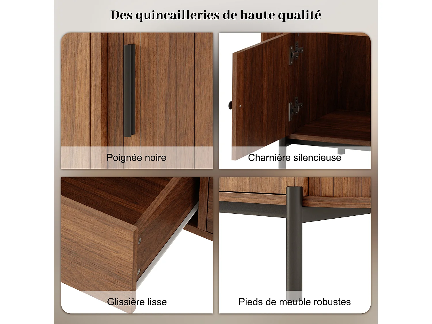 Meuble TV ovale en MDF noyer et rotin, portes coulissantes