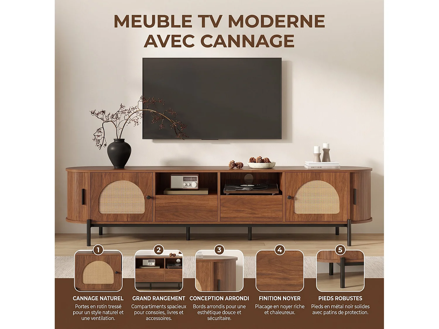 Meuble TV ovale en MDF noyer et rotin, portes coulissantes