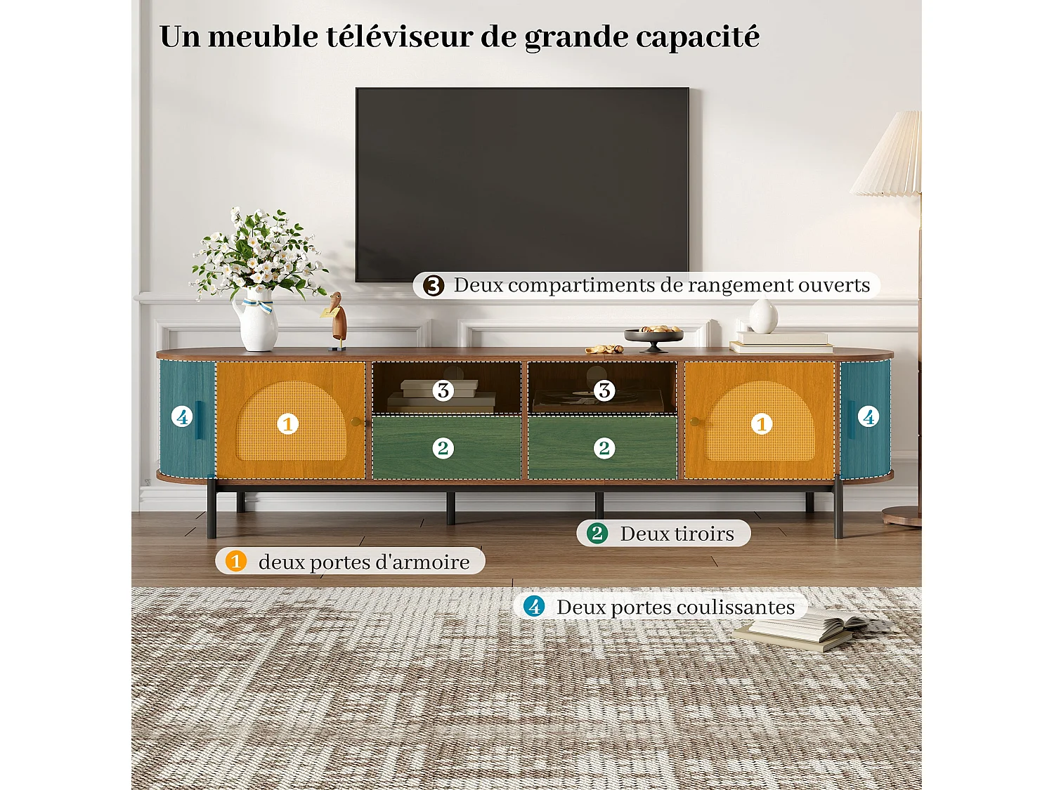 Meuble TV ovale en MDF noyer et rotin, portes coulissantes