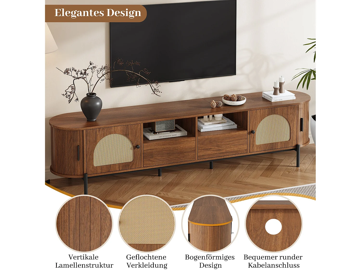 Meuble TV ovale en MDF noyer et rotin, portes coulissantes