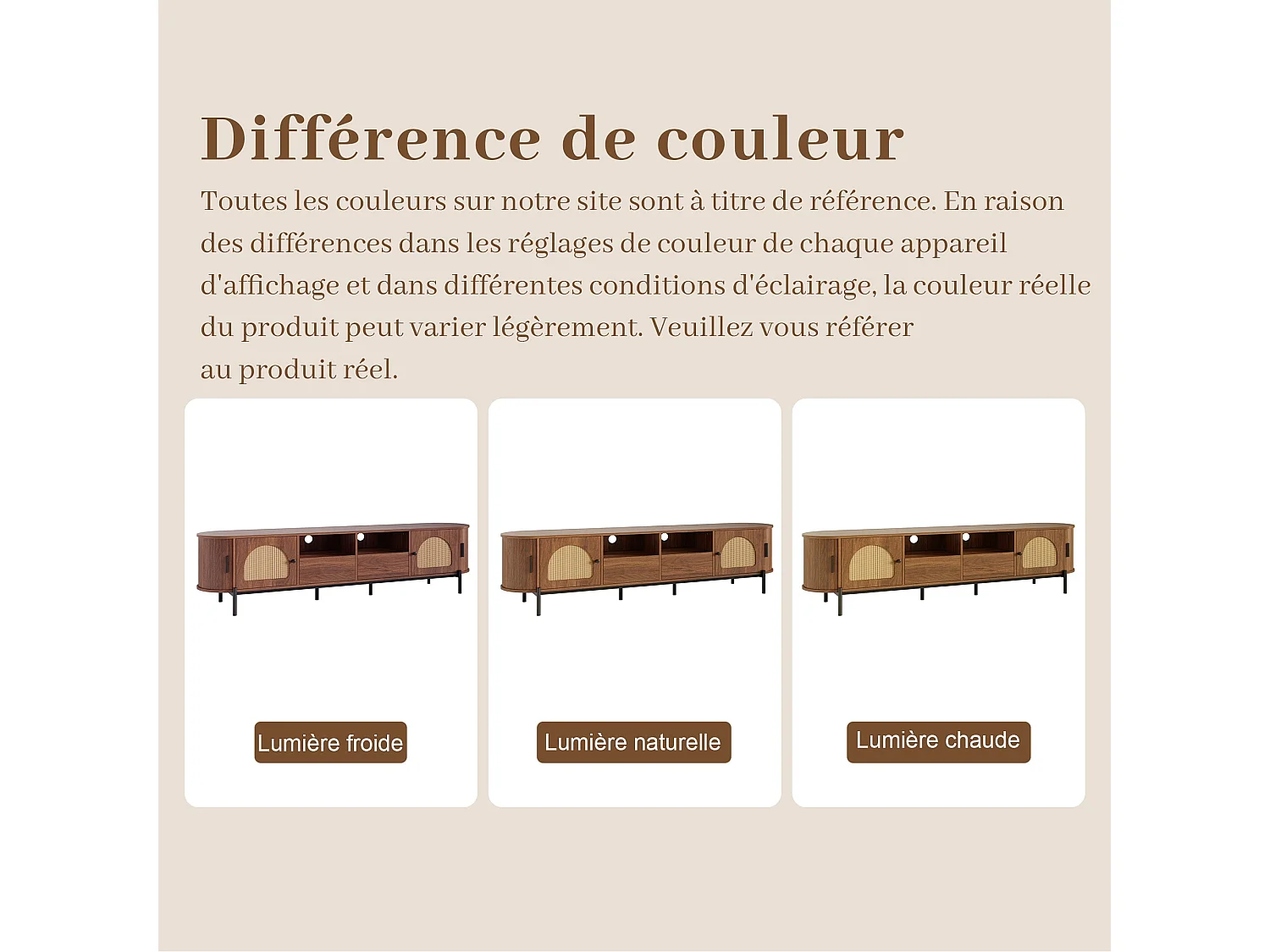Meuble TV ovale en MDF noyer et rotin, portes coulissantes