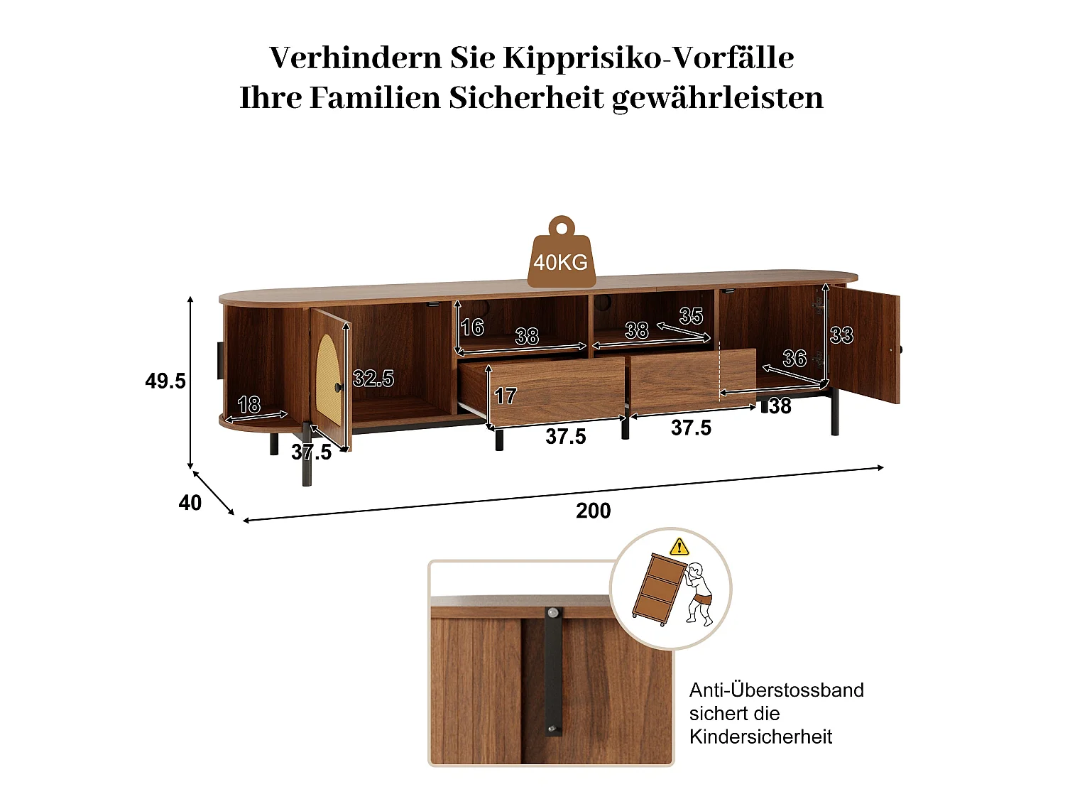 Meuble TV ovale en MDF noyer et rotin, portes coulissantes