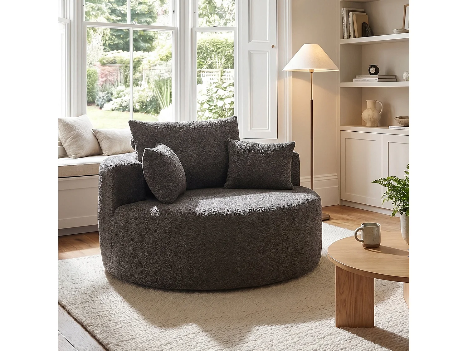 Fauteuil simple rond en chenille gris avec coussins sans montage