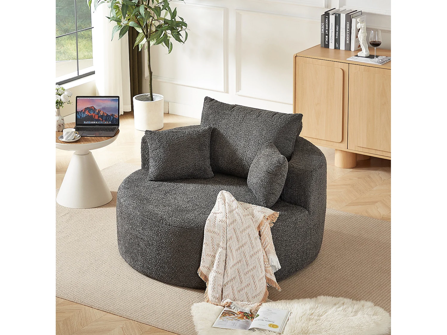 Fauteuil simple rond en chenille gris avec coussins sans montage