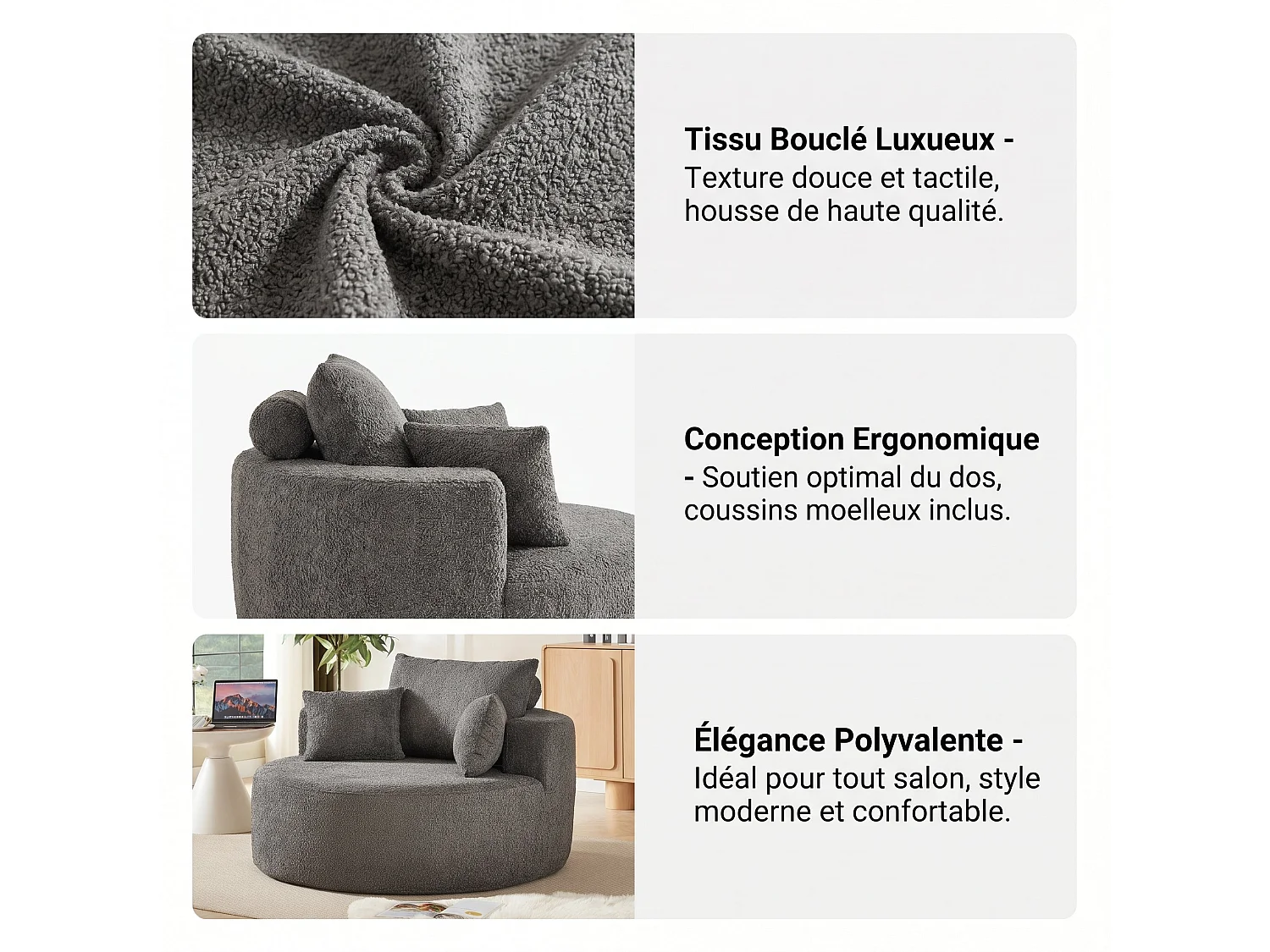 Fauteuil simple rond en chenille gris avec coussins sans montage
