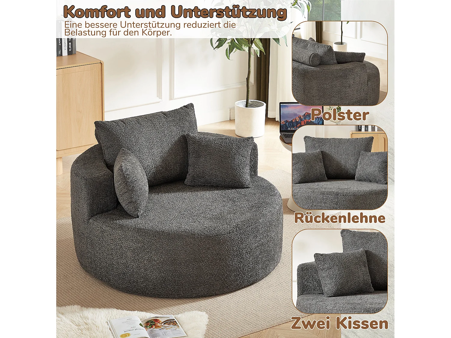 Fauteuil simple rond en chenille gris avec coussins sans montage