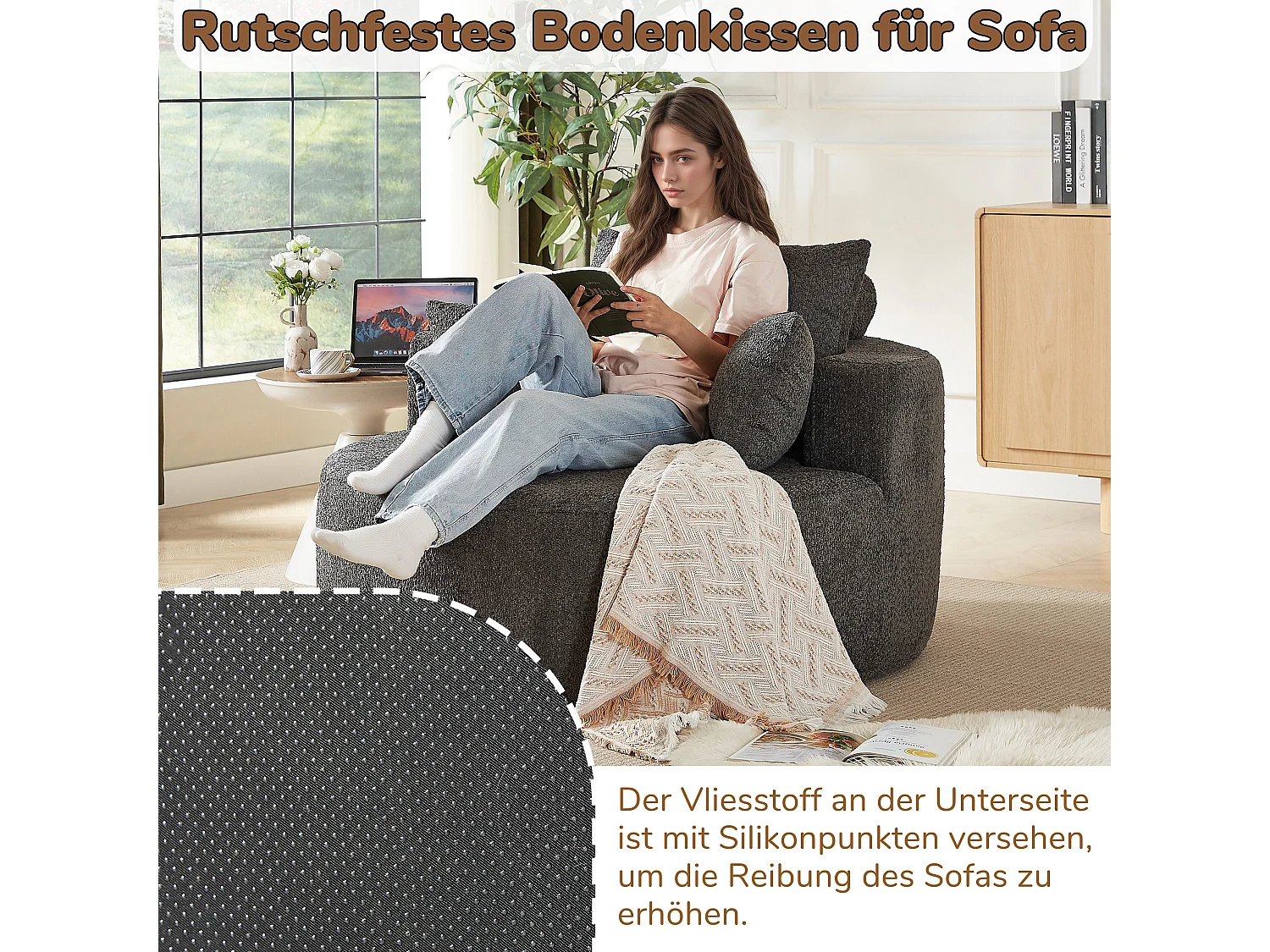 Fauteuil simple rond en chenille gris avec coussins sans montage
