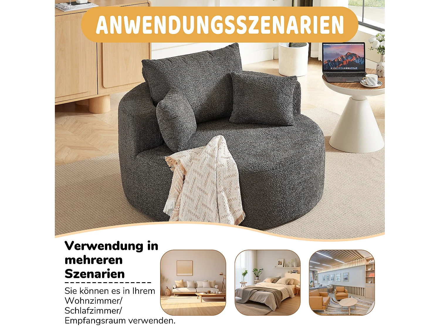 Fauteuil simple rond en chenille gris avec coussins sans montage