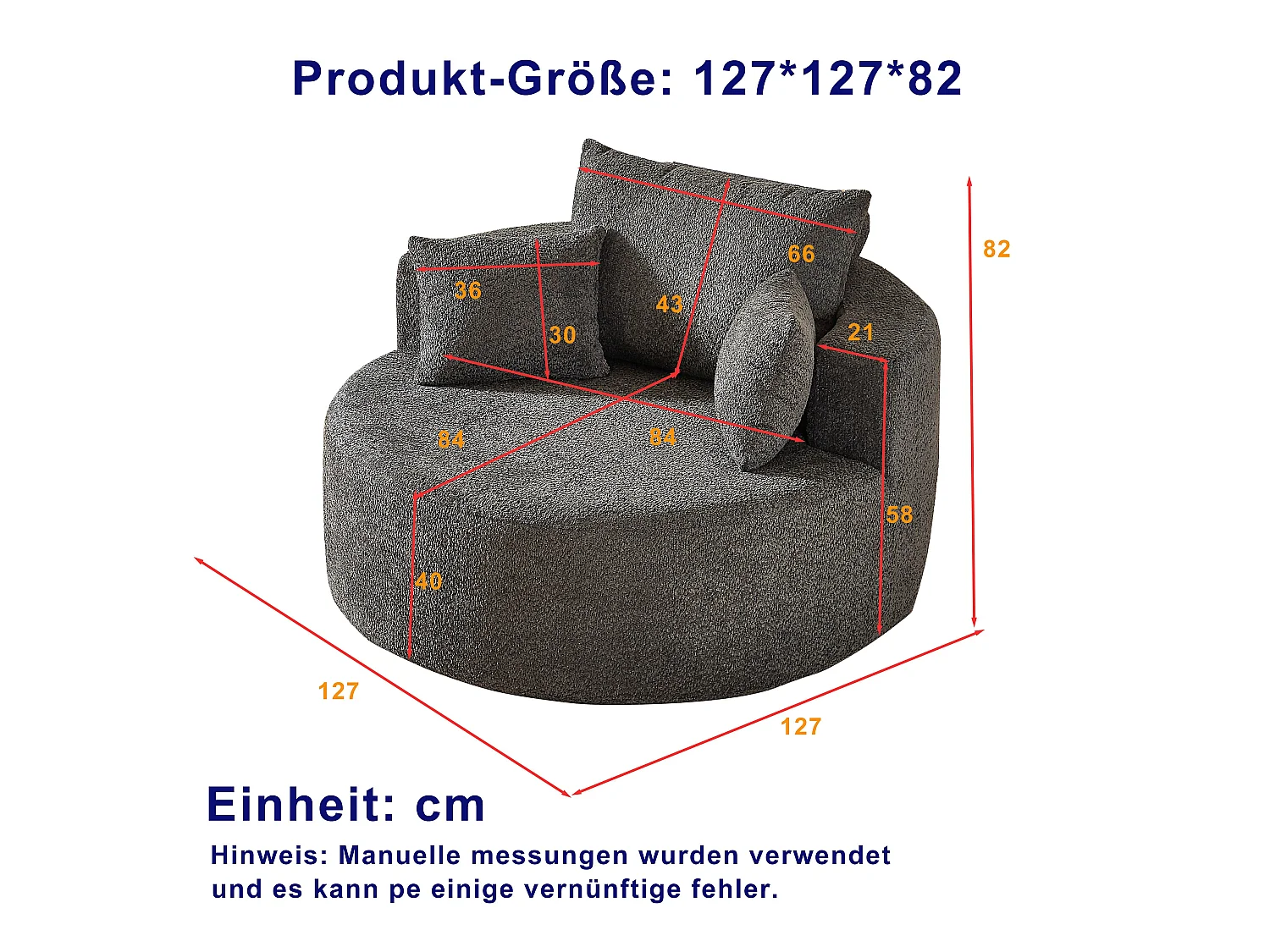 Fauteuil simple rond en chenille gris avec coussins sans montage