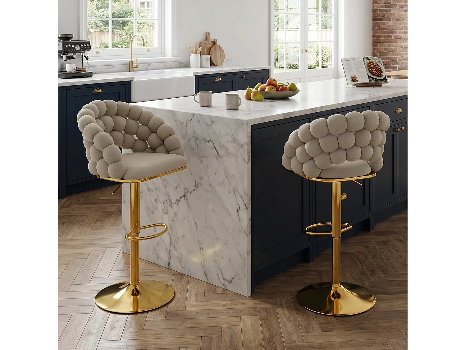 Lot de 2 tabourets de bar en velours gris dossier tréssé chaîne
