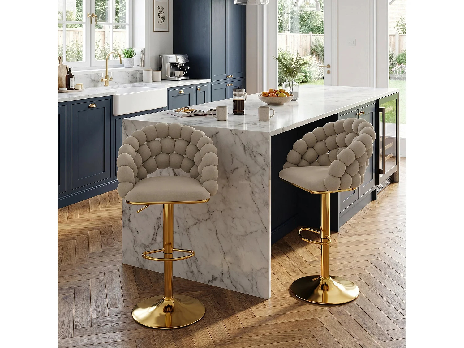 Lot de 2 tabourets de bar en velours gris dossier tréssé chaîne