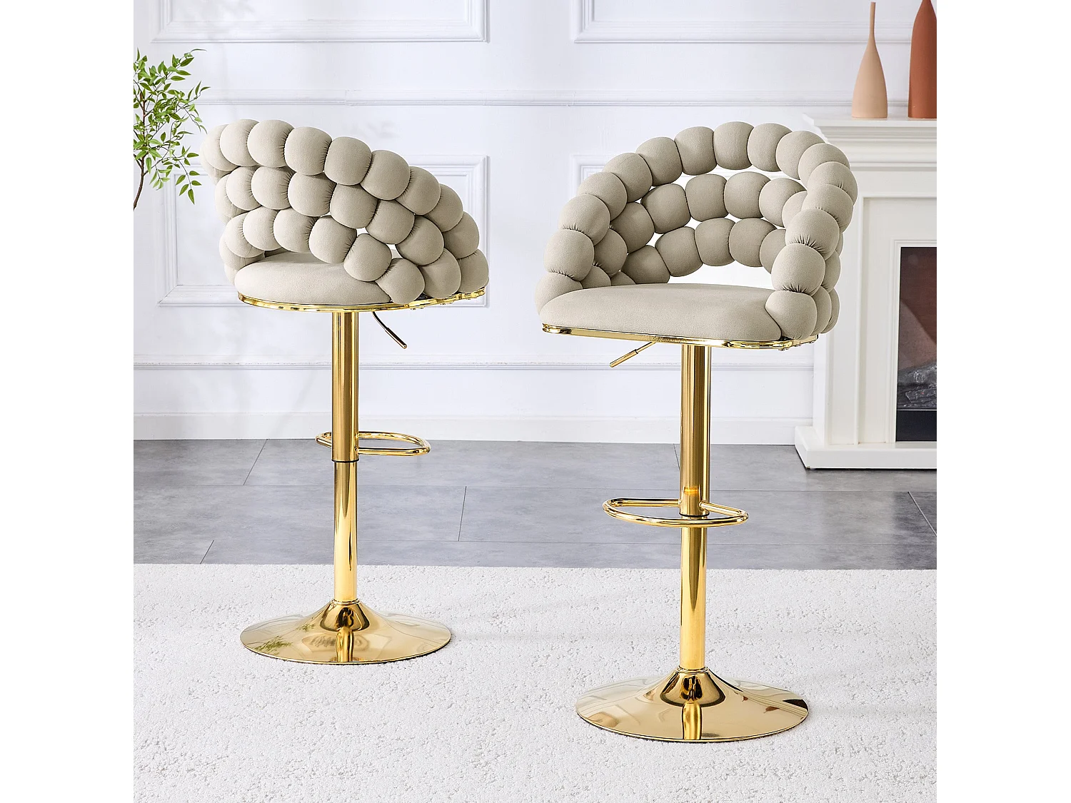 Lot de 2 tabourets de bar en velours gris dossier tréssé chaîne