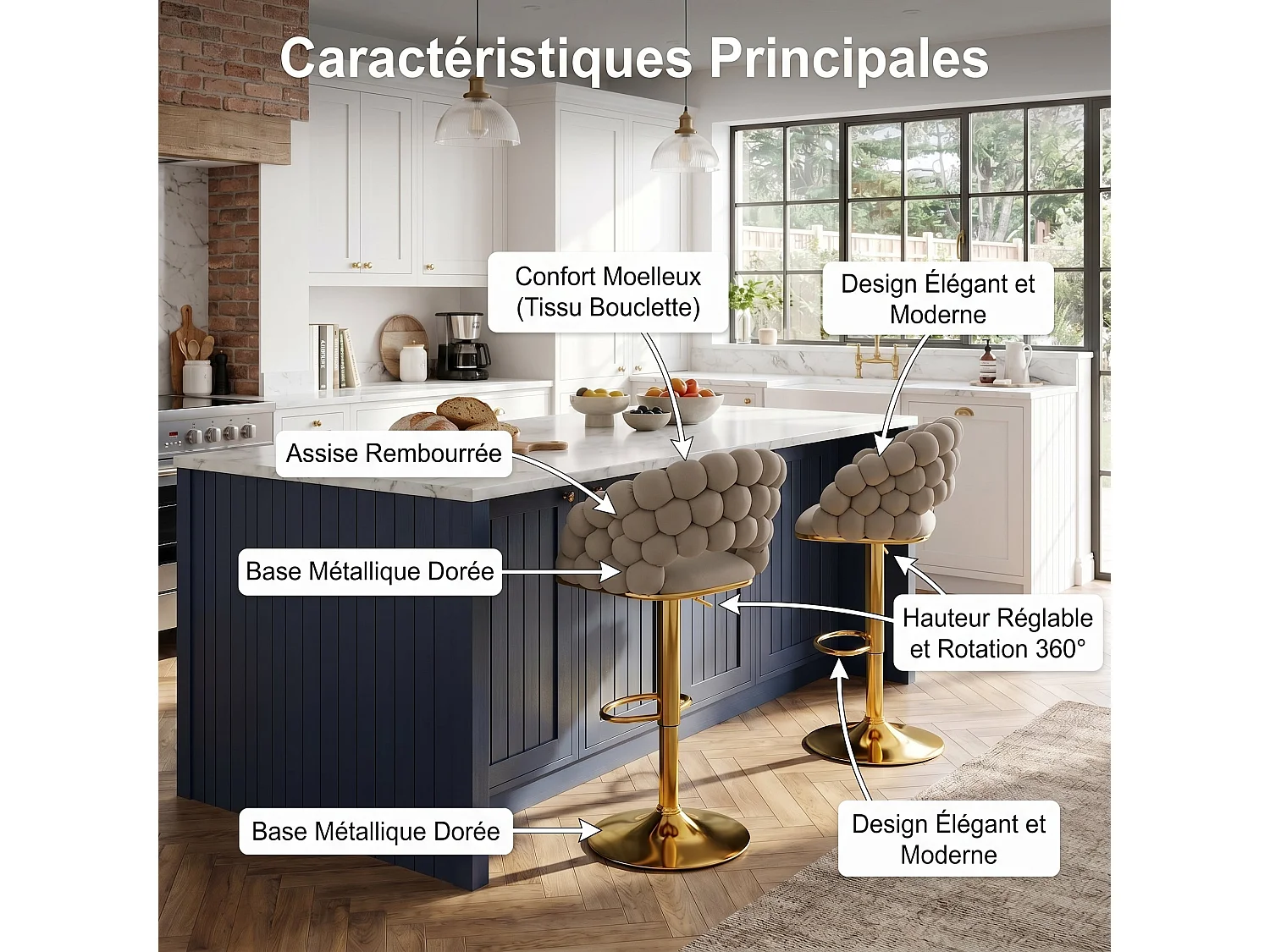 Lot de 2 tabourets de bar en velours gris dossier tréssé chaîne