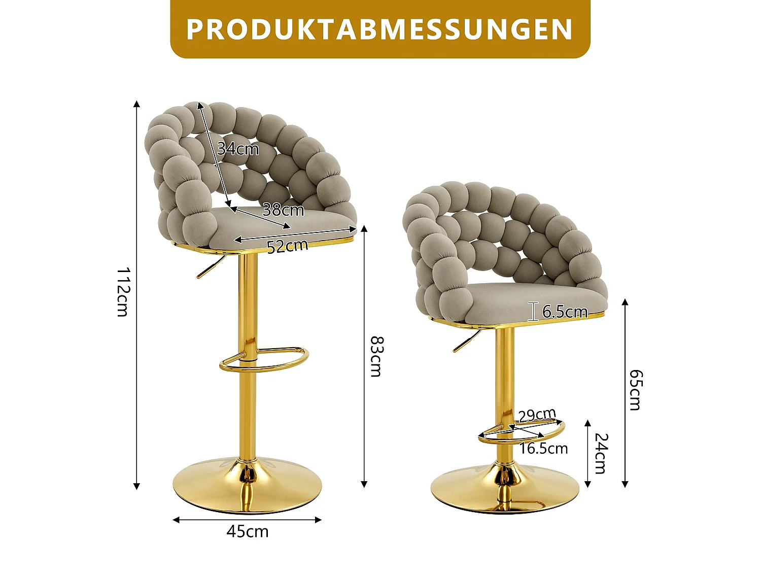Lot de 2 tabourets de bar en velours gris dossier tréssé chaîne