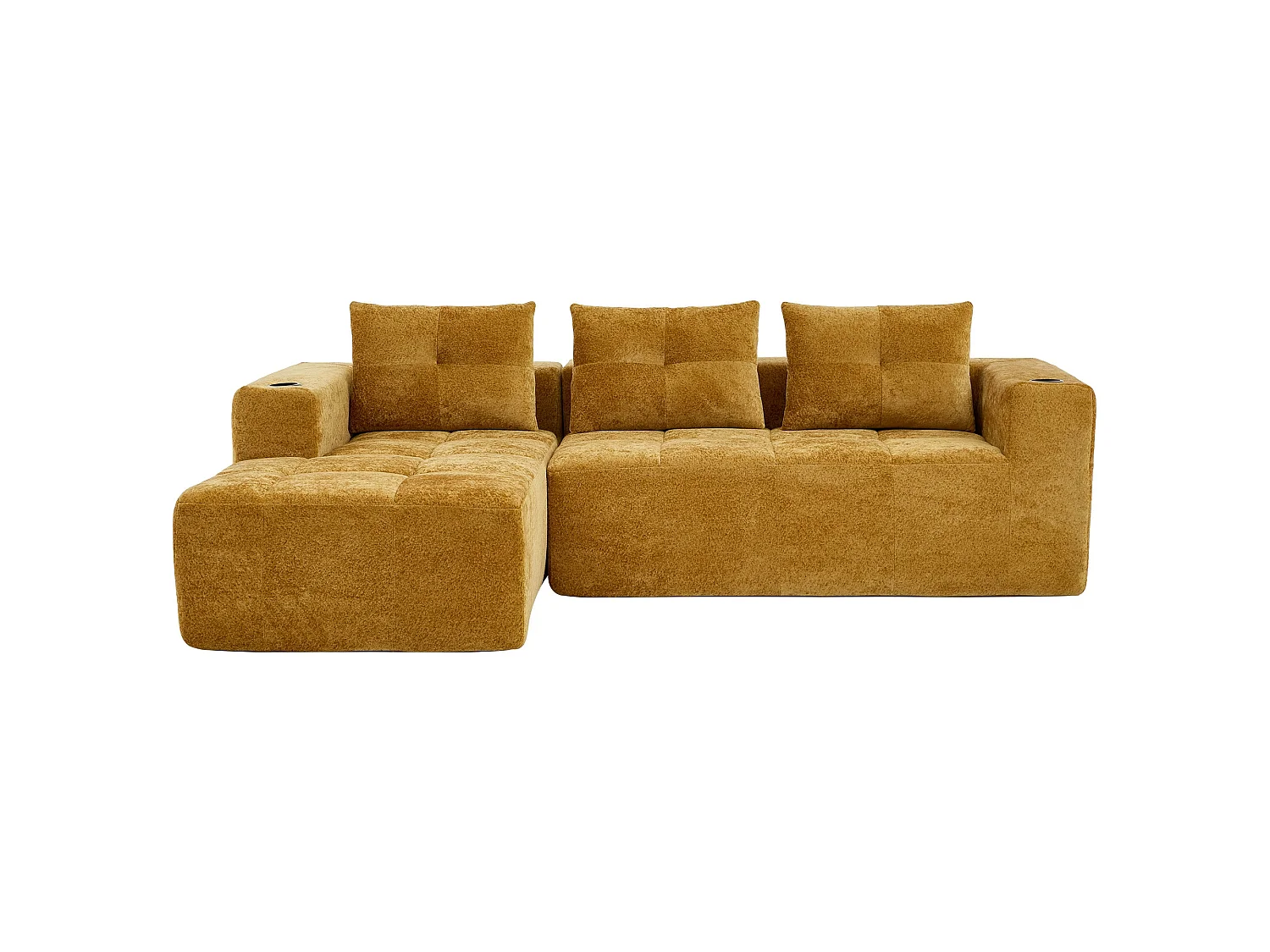 Canapé d'angle 3 places en chenille jaune moutard avec meridienne et portes-gobelets 258 cm