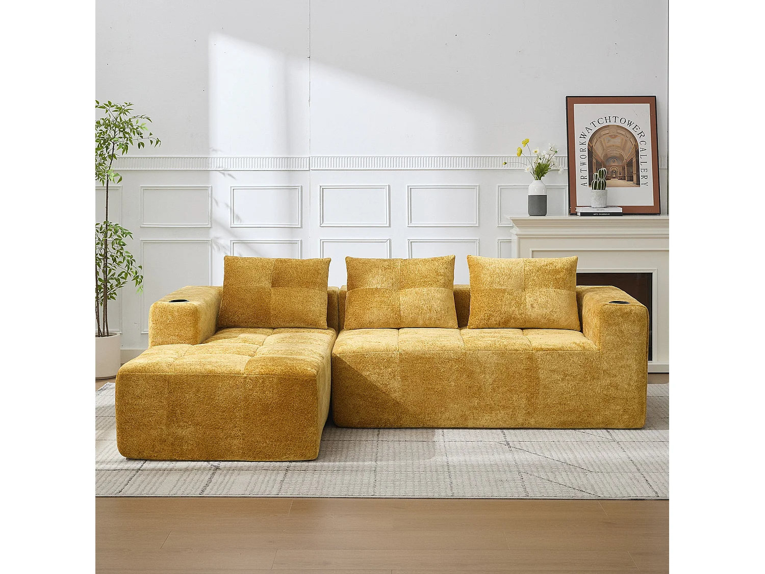 Canapé d'angle 3 places en chenille jaune moutard avec meridienne et portes-gobelets 258 cm
